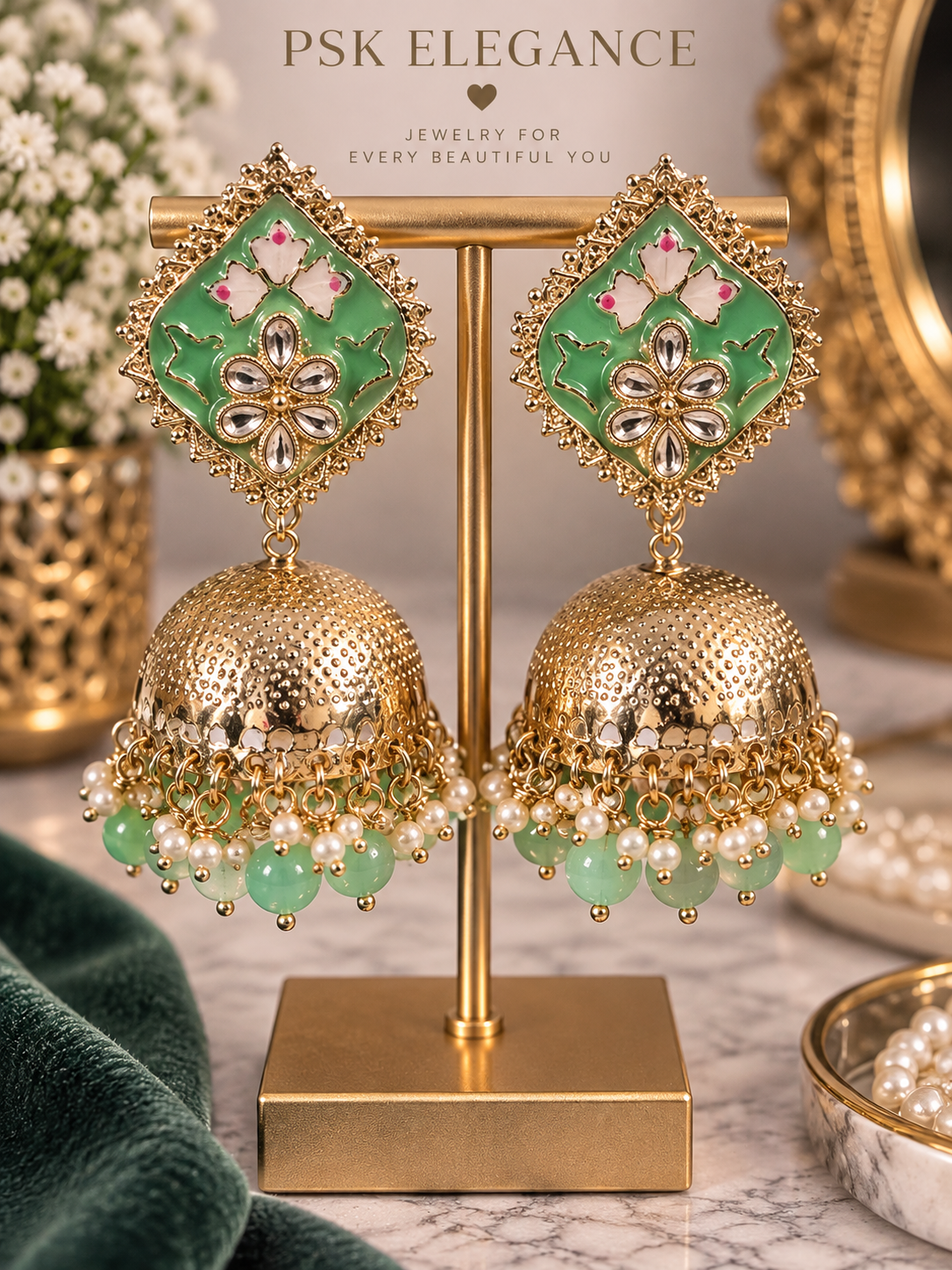 Green Enamel Jhumka Earrings with Pearl Drops
