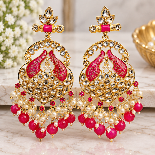 Pink Peacock Kundan Statement Earrings