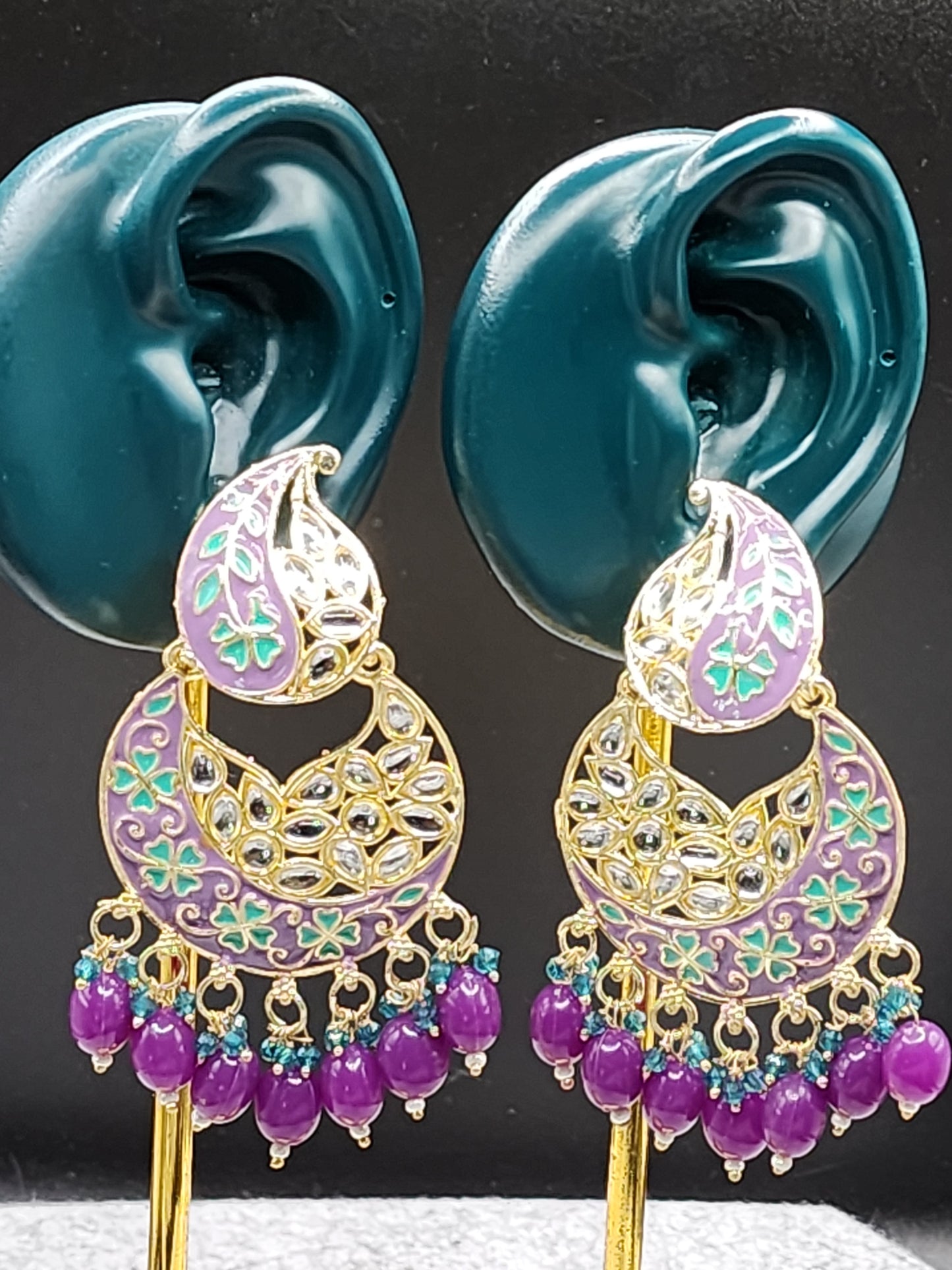 Lavender Paisley Kundan Chandbali Earrings | Purple Bead Indian Statement Earrings