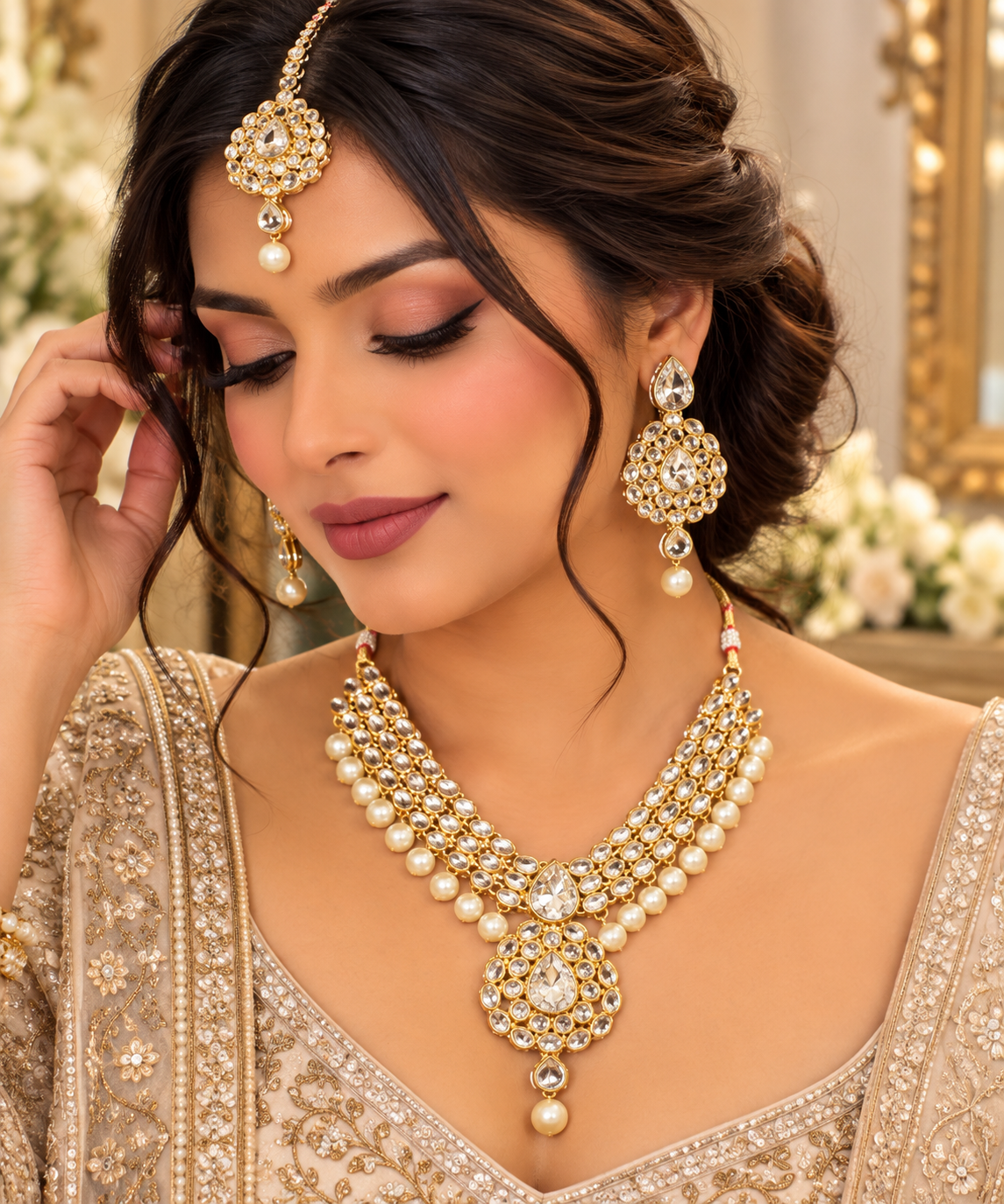 Gold Kundan-Style Pearl Necklace Set with Matching Earrings & Maang Tikka