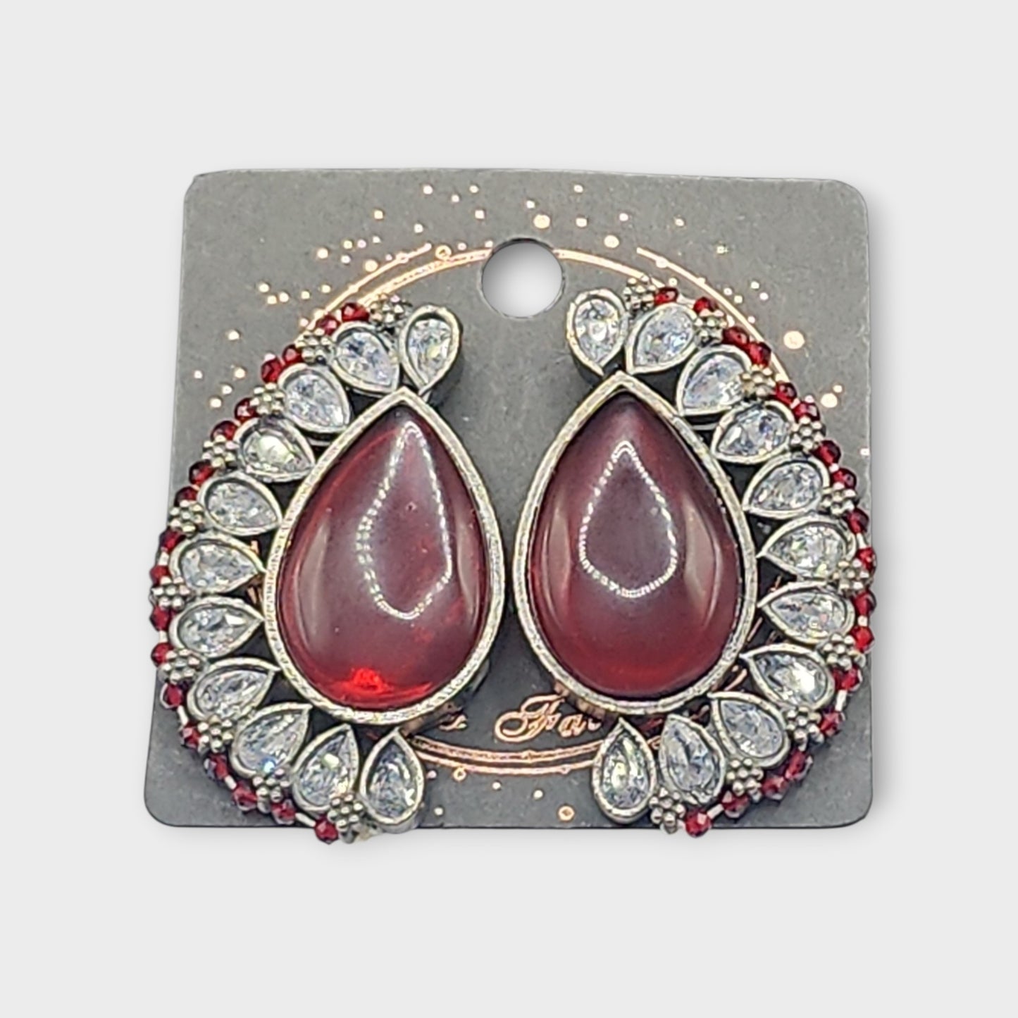 PSK ELEGANCE Deep Red Teardrop Statement Earrings | Crystal Halo Luxury Indo-Western Jewelry