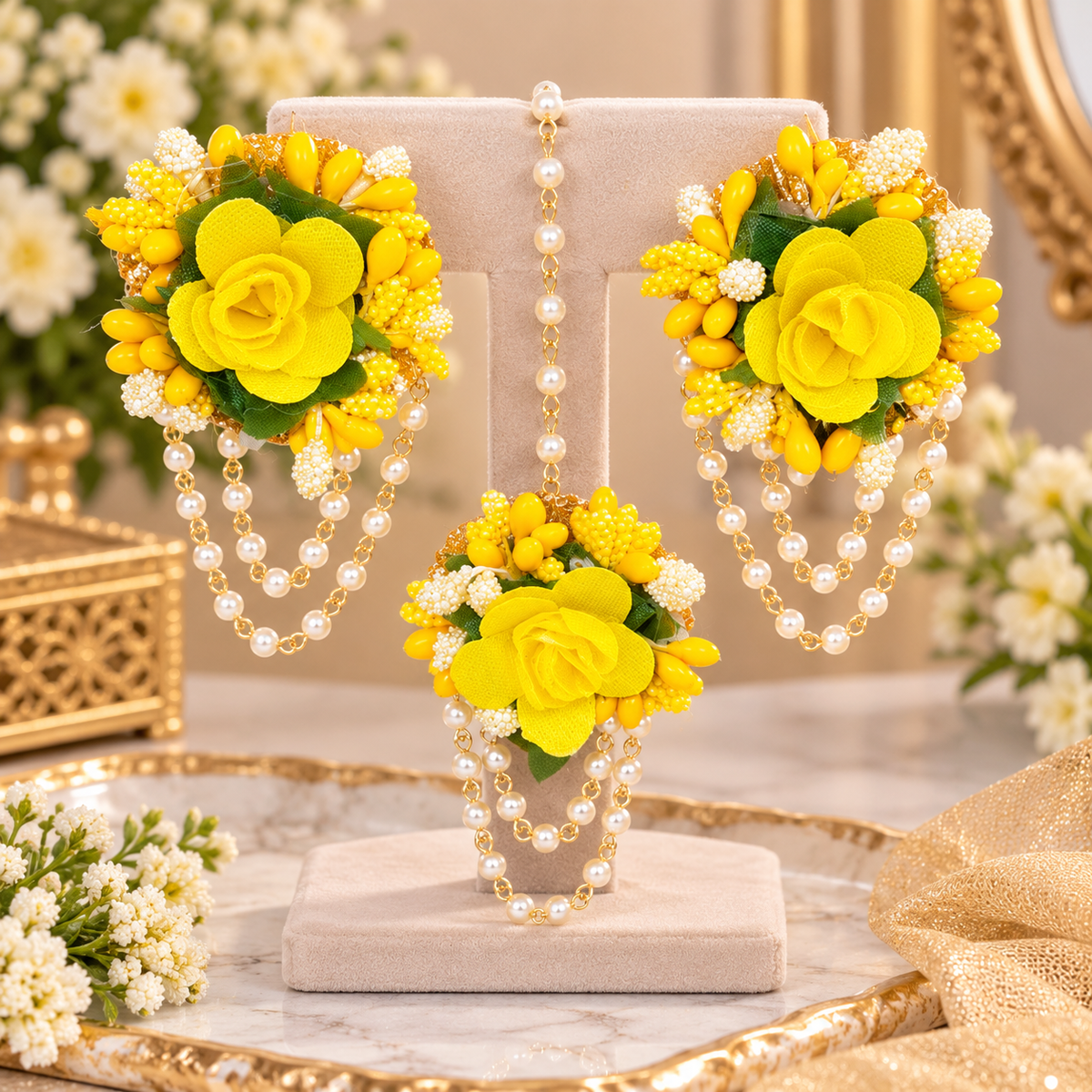 Yellow Floral Pearl Earrings & Maang Tikka Set | Indian Festive Jewelry