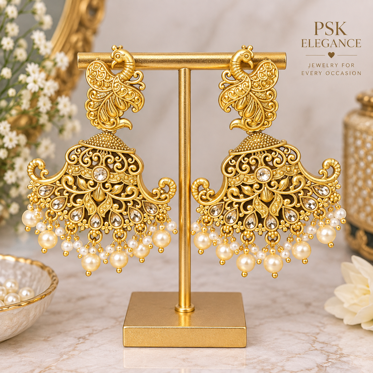 Royal Peacock Gold Jhumka Earrings