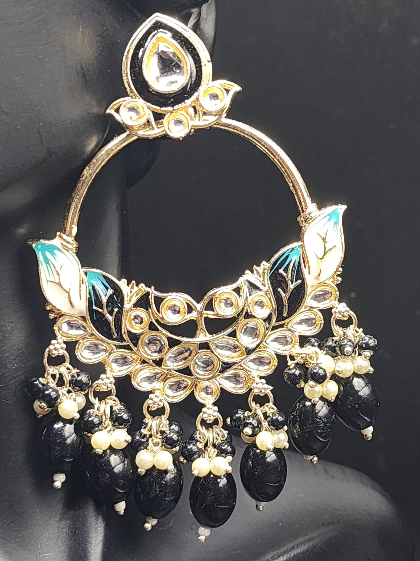 Black & Teal Meenakari Statement Hoop Earrings with Pearl Drops – Luxe Edition