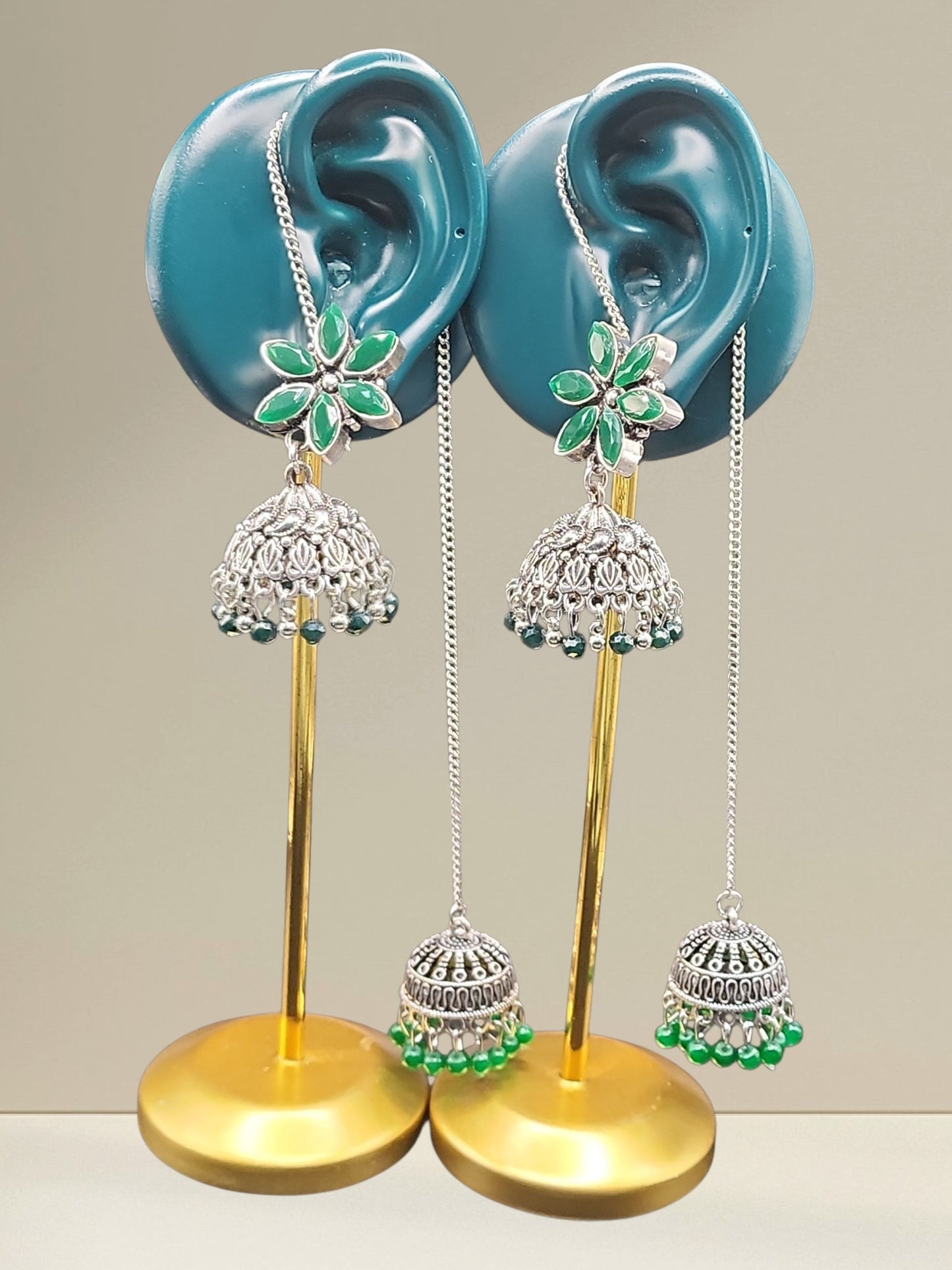 PSK ELEGANCE Emerald Floral Jhumka Chain Earrings | Silver Oxidized Double Drop Statement Jewelry
