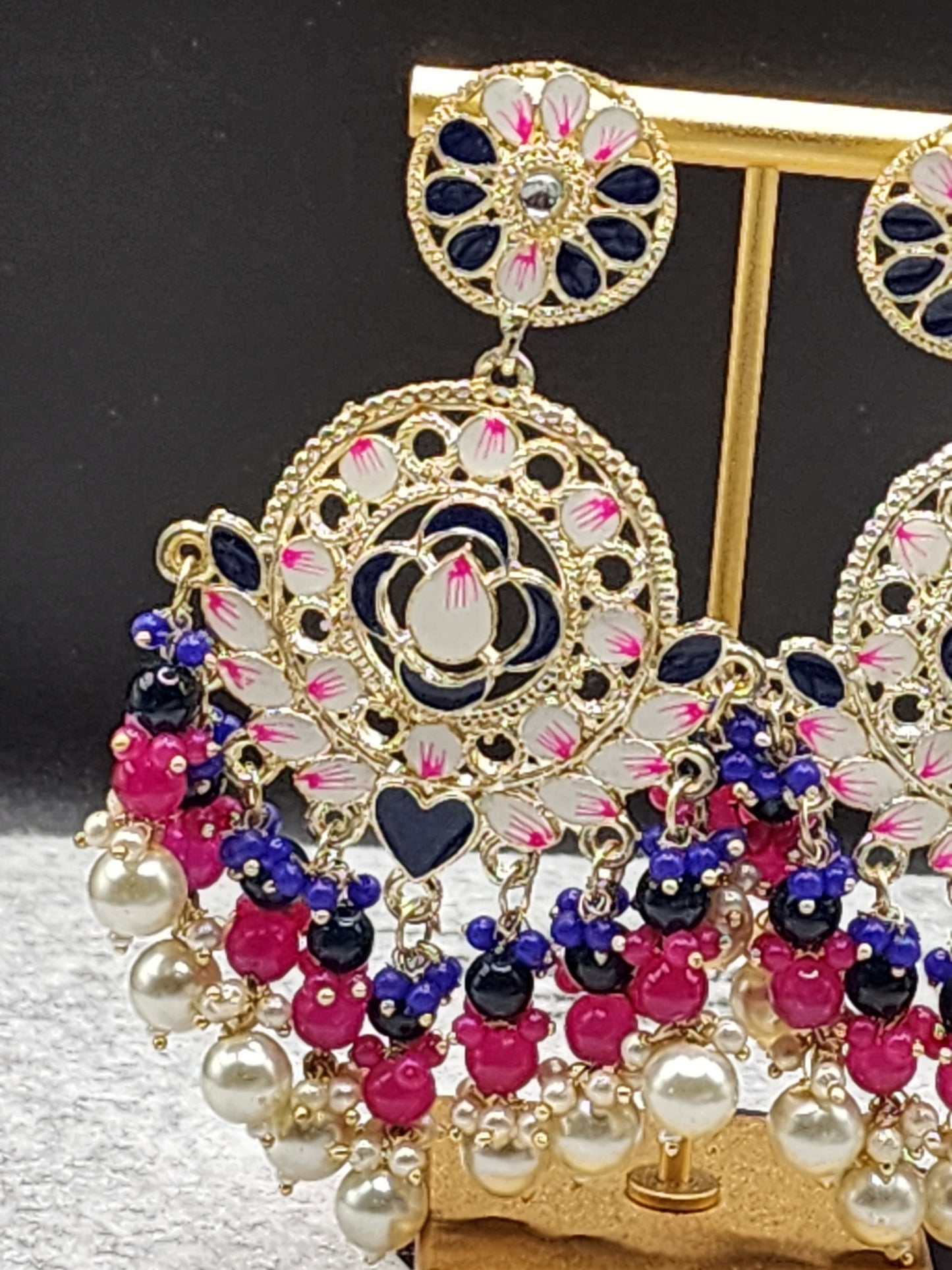 Navy Blue & Pink Floral Chandbali Earrings with Pearl Drops