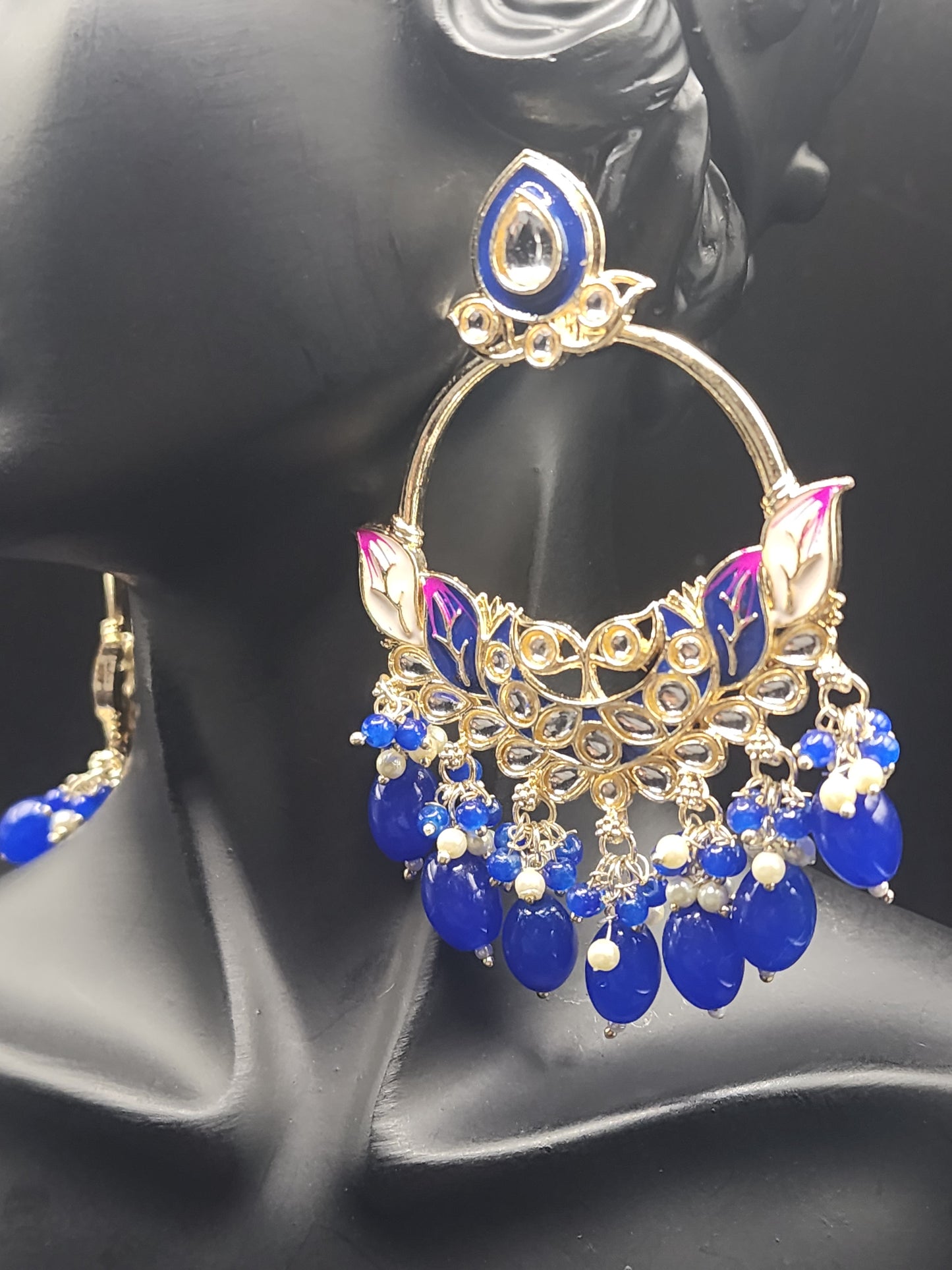 Royal Blue Meenakari Statement Hoop Earrings with Beaded Drops – Luxe Festive