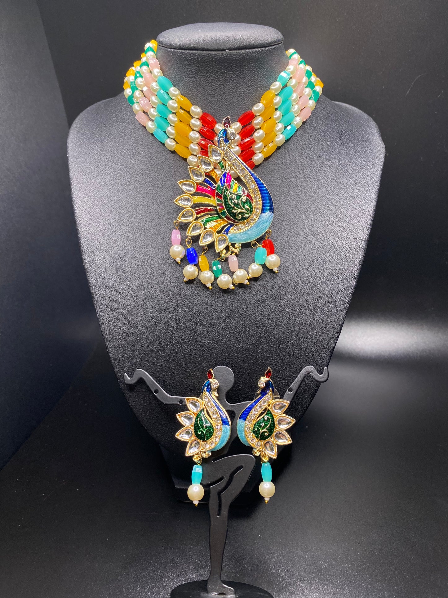 Multicolored Peacock Necklace & Earrings Set