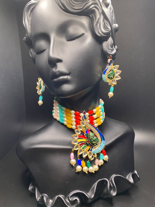 Multicolored Peacock Necklace & Earrings Set