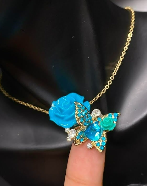 Blue Rose & Butterfly Necklace