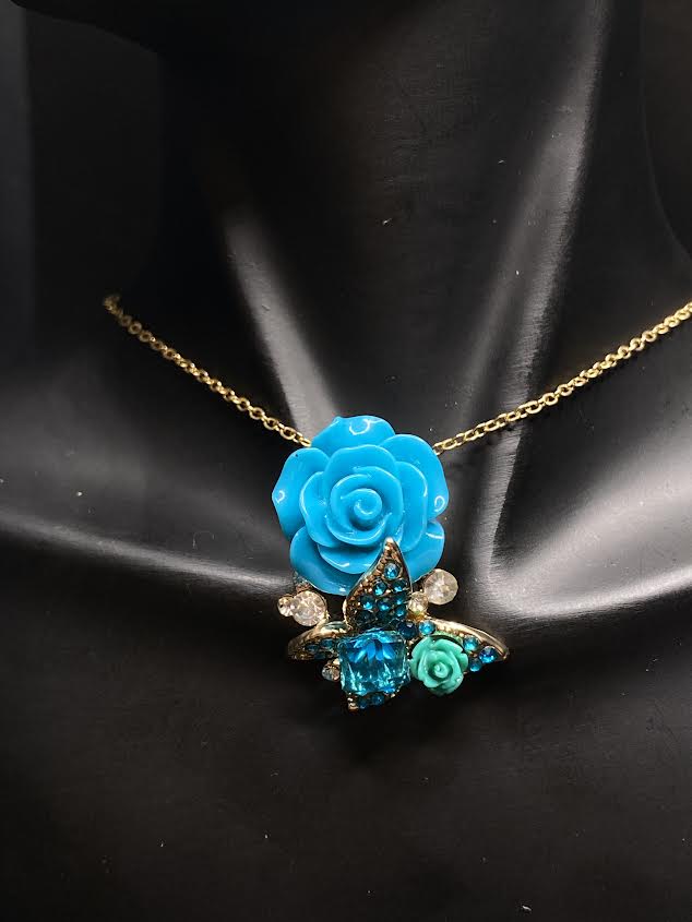 Blue Rose & Butterfly Necklace