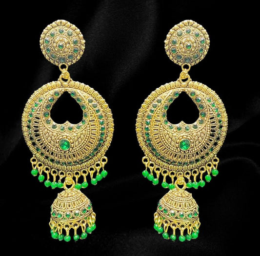 Gold and Green Heart Jhumkas