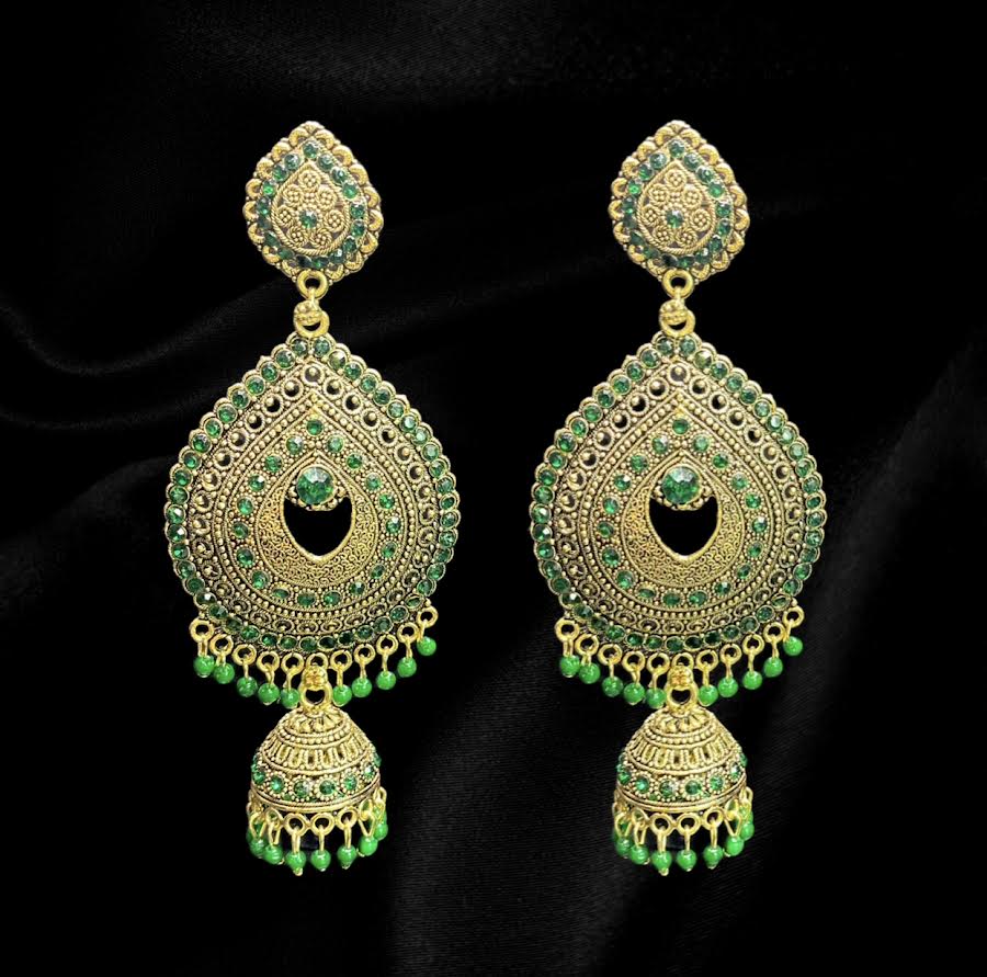 Gold and Green Raindrop Jhumkas