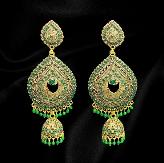 Gold and Green Raindrop Jhumkas