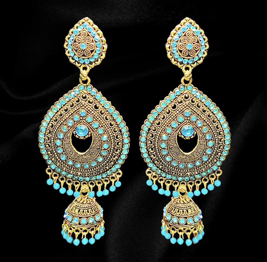 Gold and Blue Raindrop Jhumkas