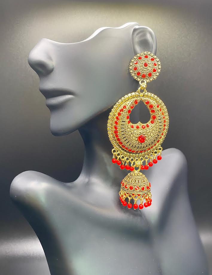 Gold and Red Heart Jhumkas