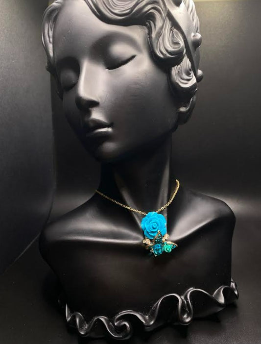 Blue Rose & Butterfly Necklace