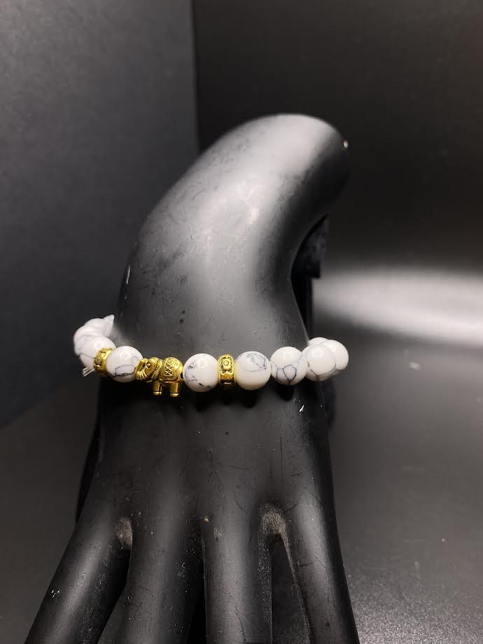 White Marble Elephant Beaded Bracelet