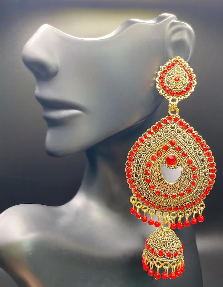 Gold and Red Raindrop Jhumkas