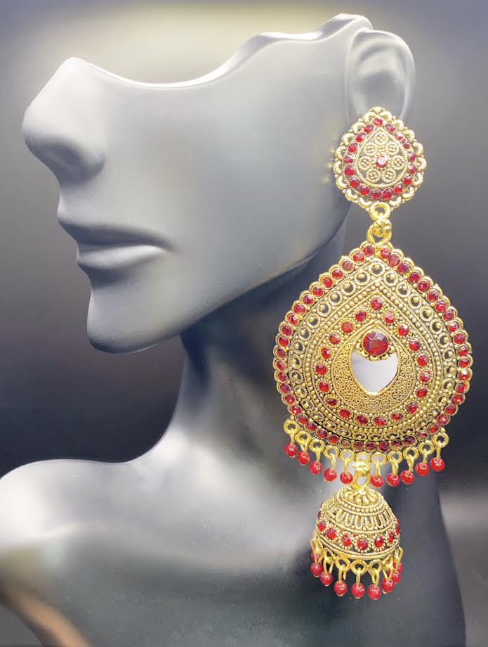 Gold and Maroon Raindrop Jhumkas