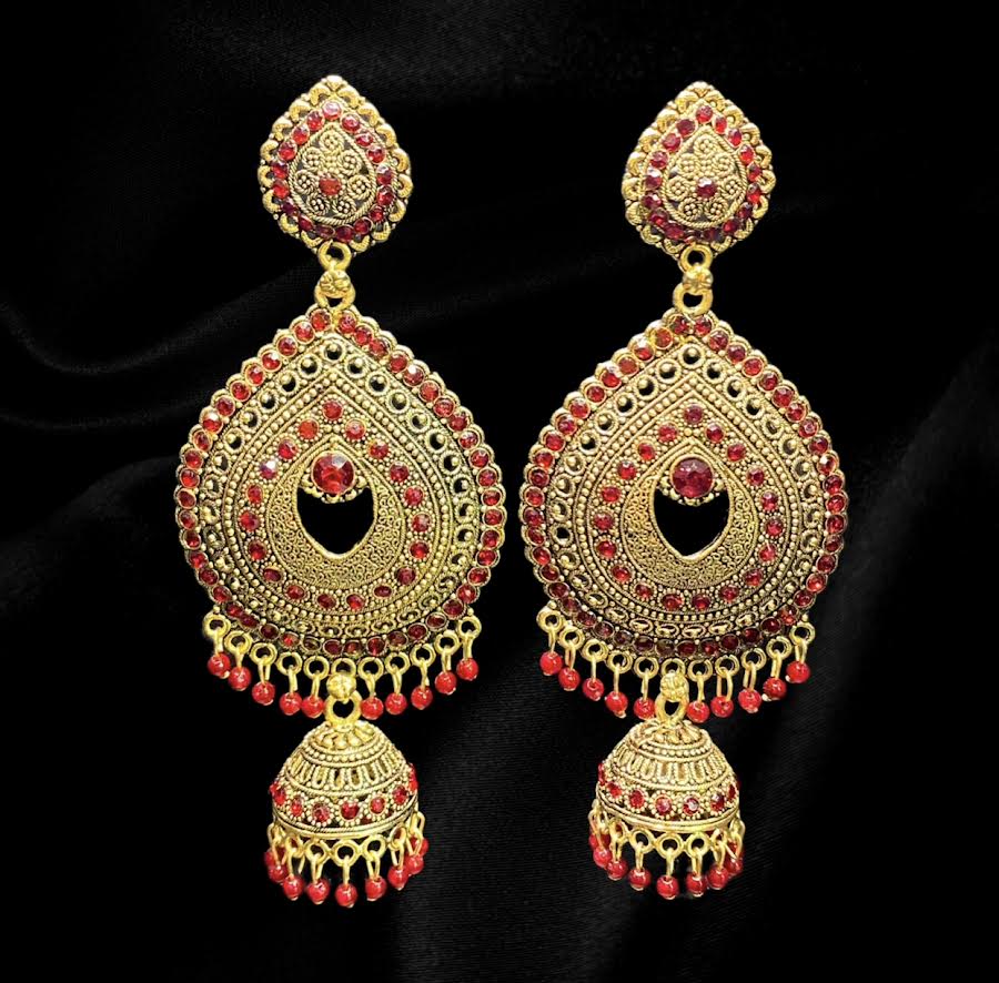 Gold and Maroon Raindrop Jhumkas