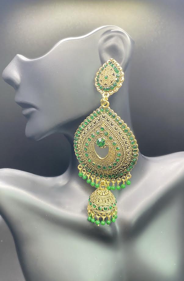 Gold and Green Raindrop Jhumkas