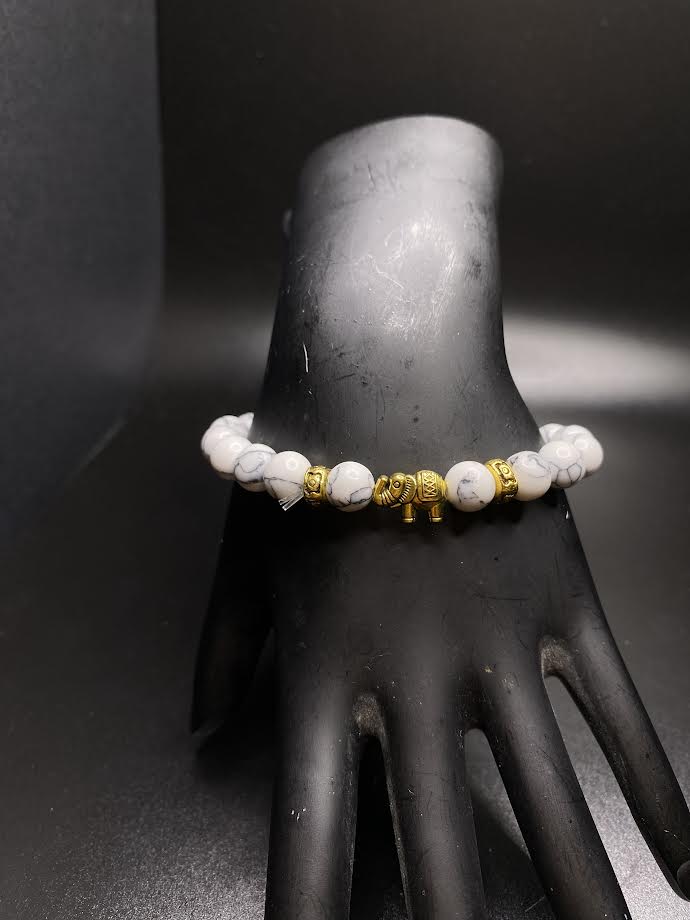 White Marble Elephant Beaded Bracelet