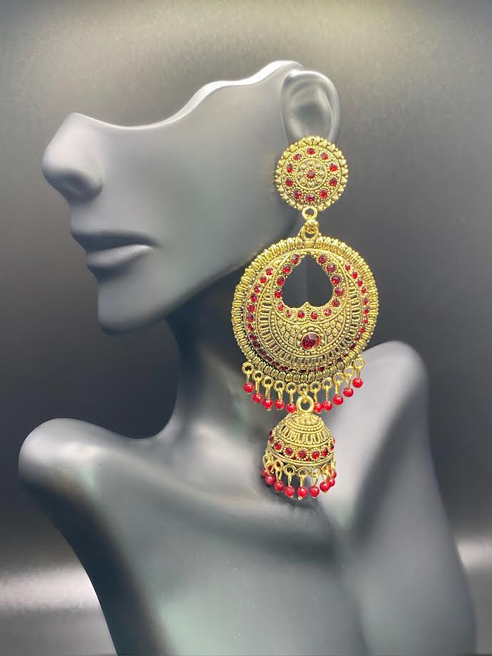 Gold and Maroon Heart Jhumkas