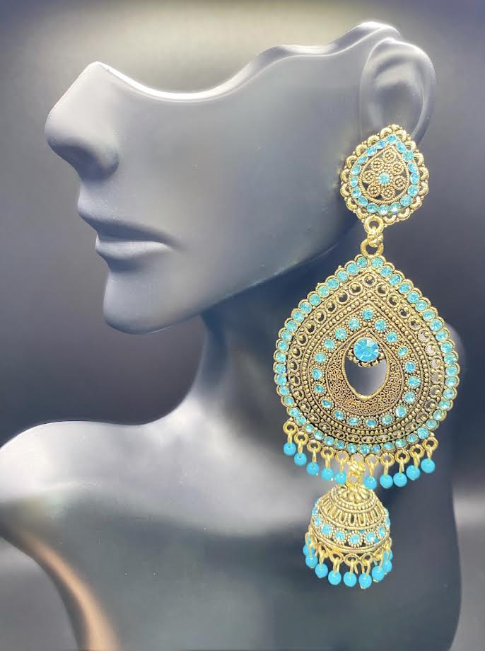 Gold and Blue Raindrop Jhumkas