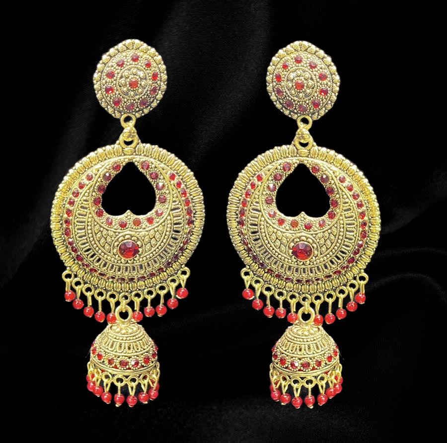 Gold and Maroon Heart Jhumkas