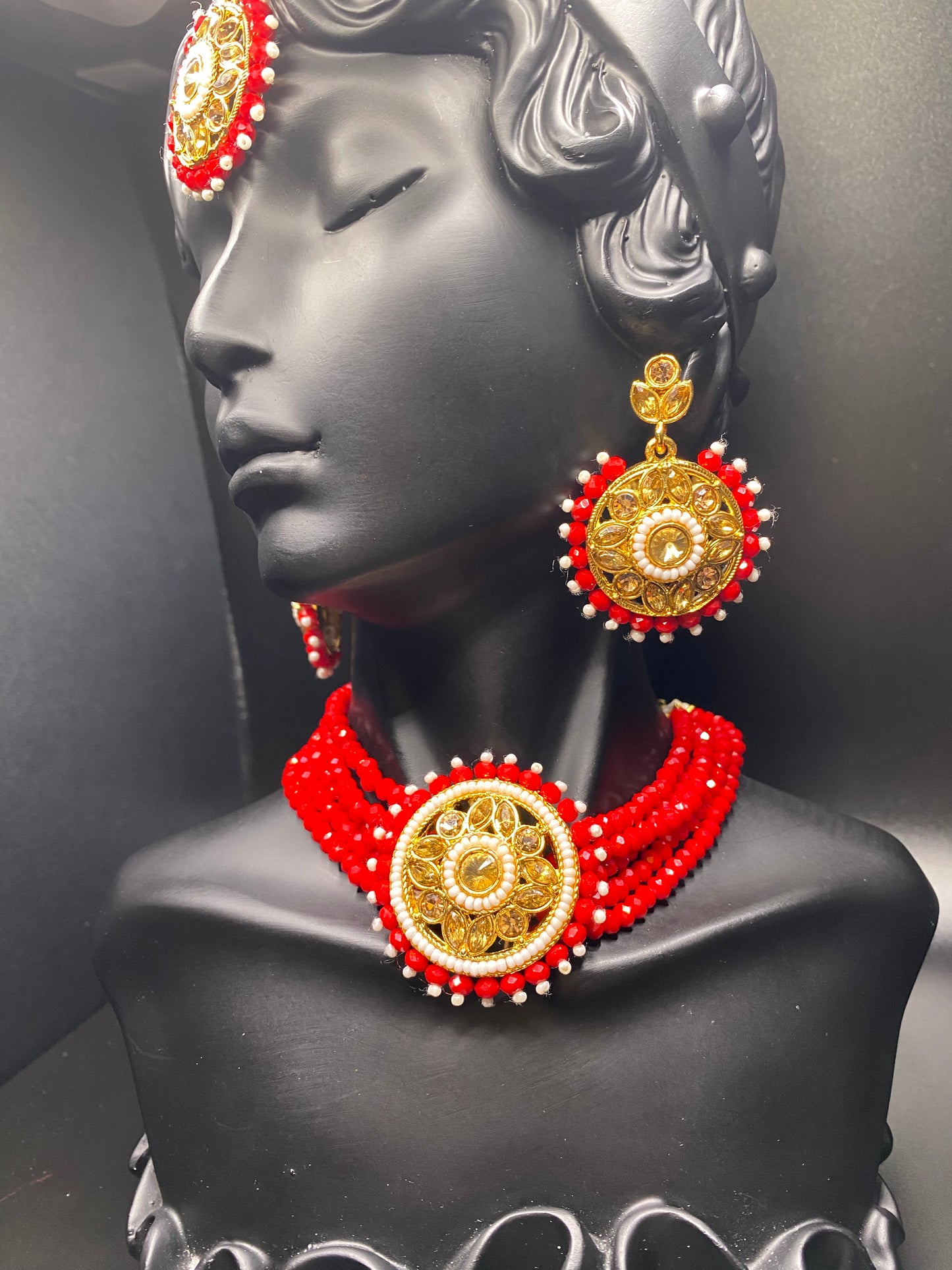 Cherry Red Necklace, Tikka, & Earrings Set