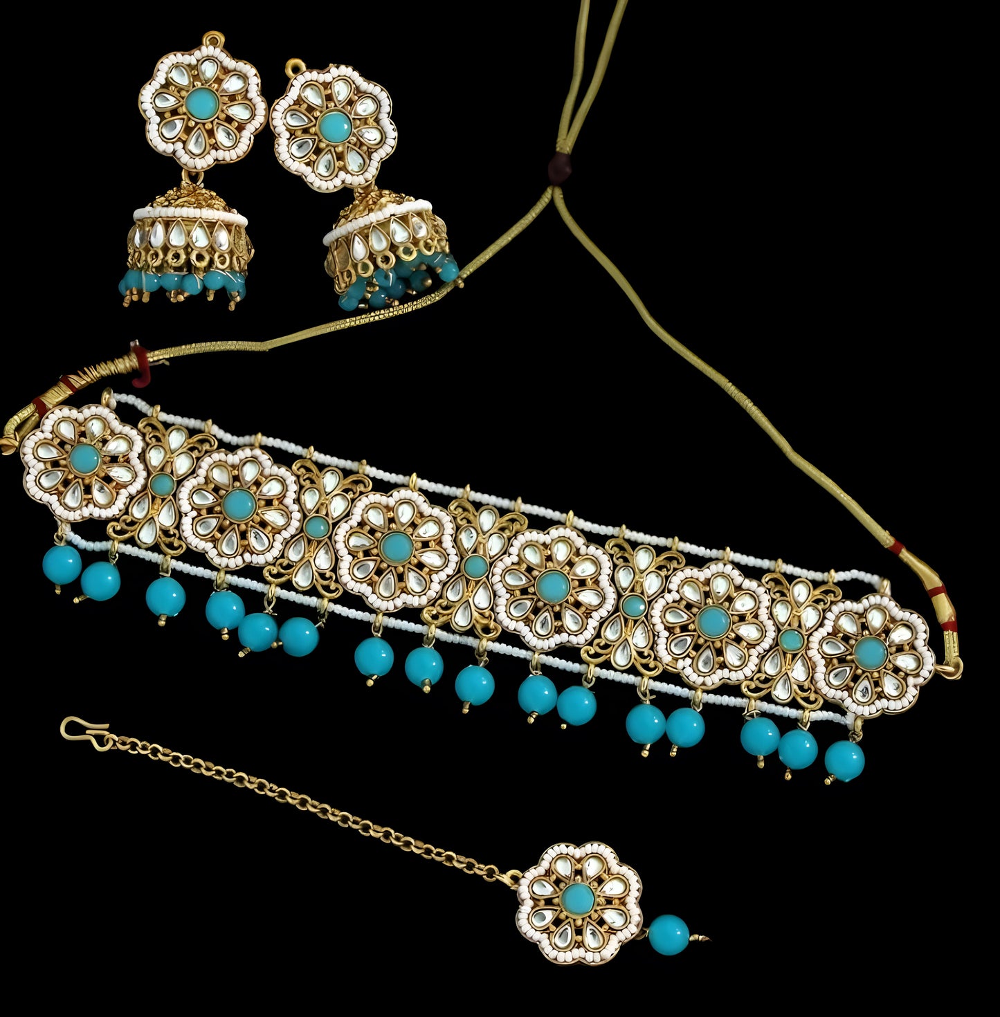 Bold Light Blue Necklace, Earrings, Tikka Set