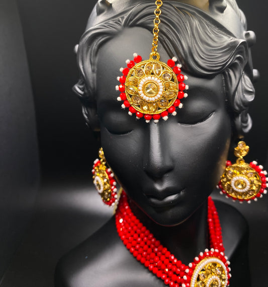 Cherry Red Necklace, Tikka, & Earrings Set