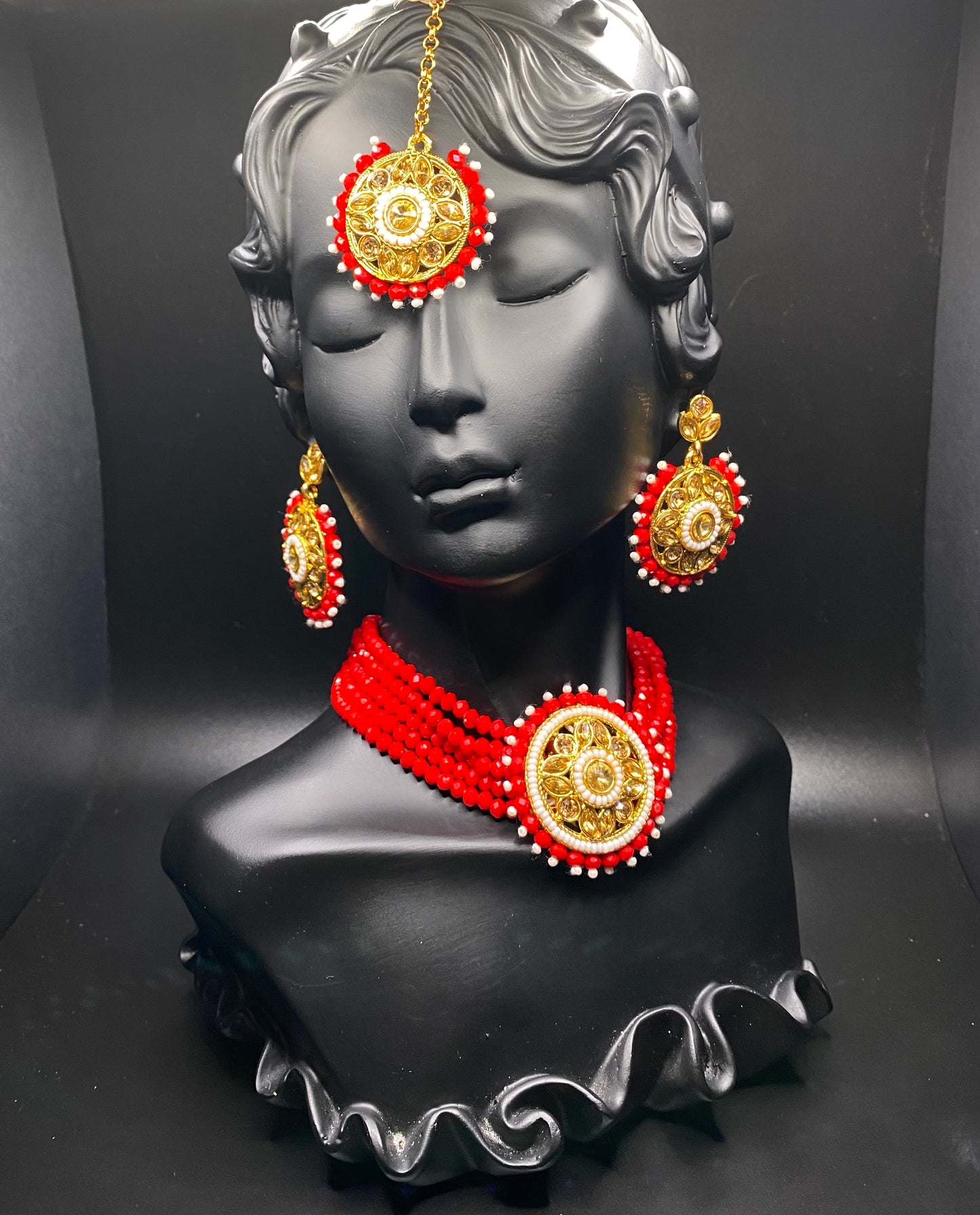 Cherry Red Necklace, Tikka, & Earrings Set