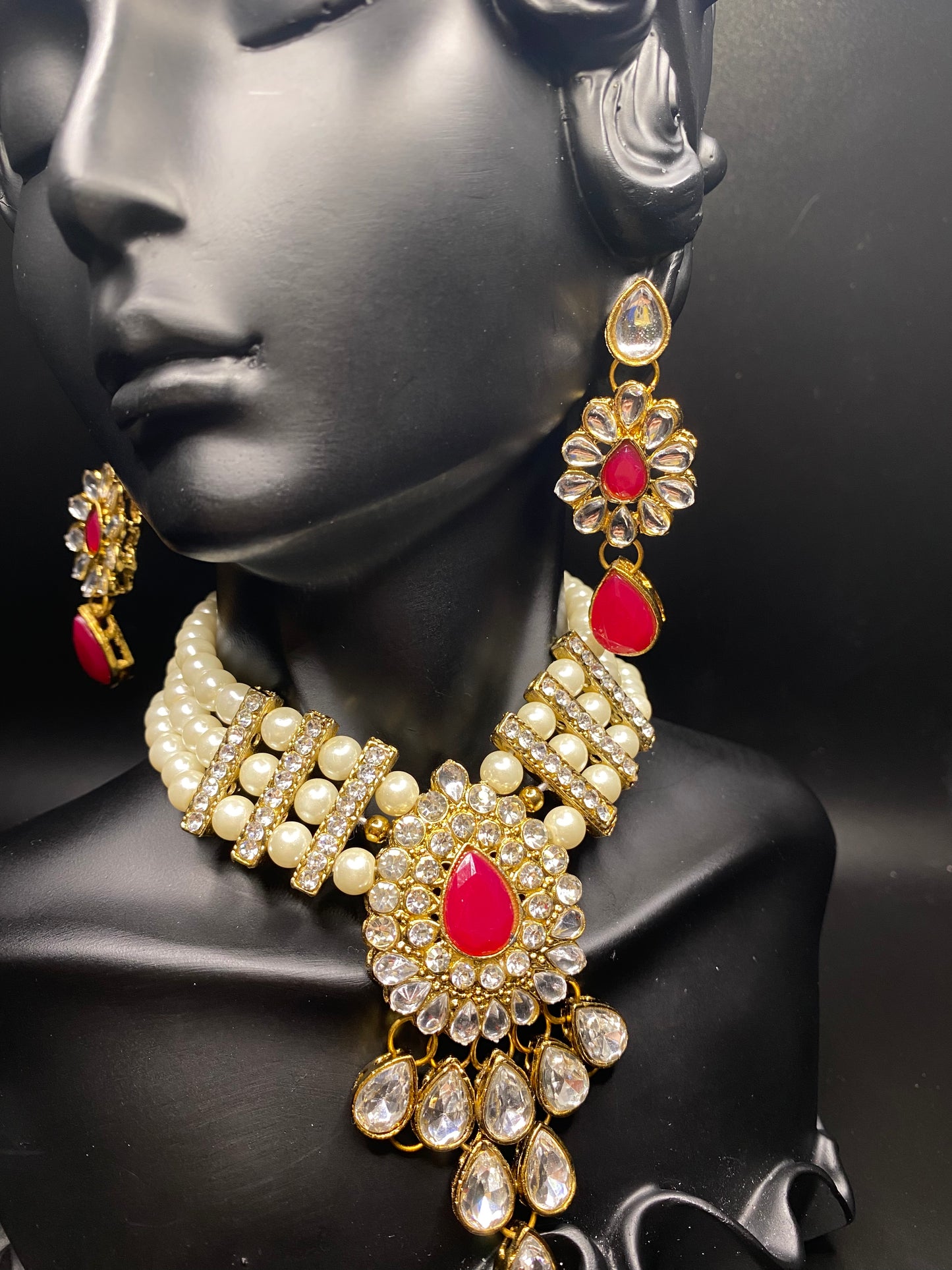 Pop of Red & Pearls Necklace & Earrings Set