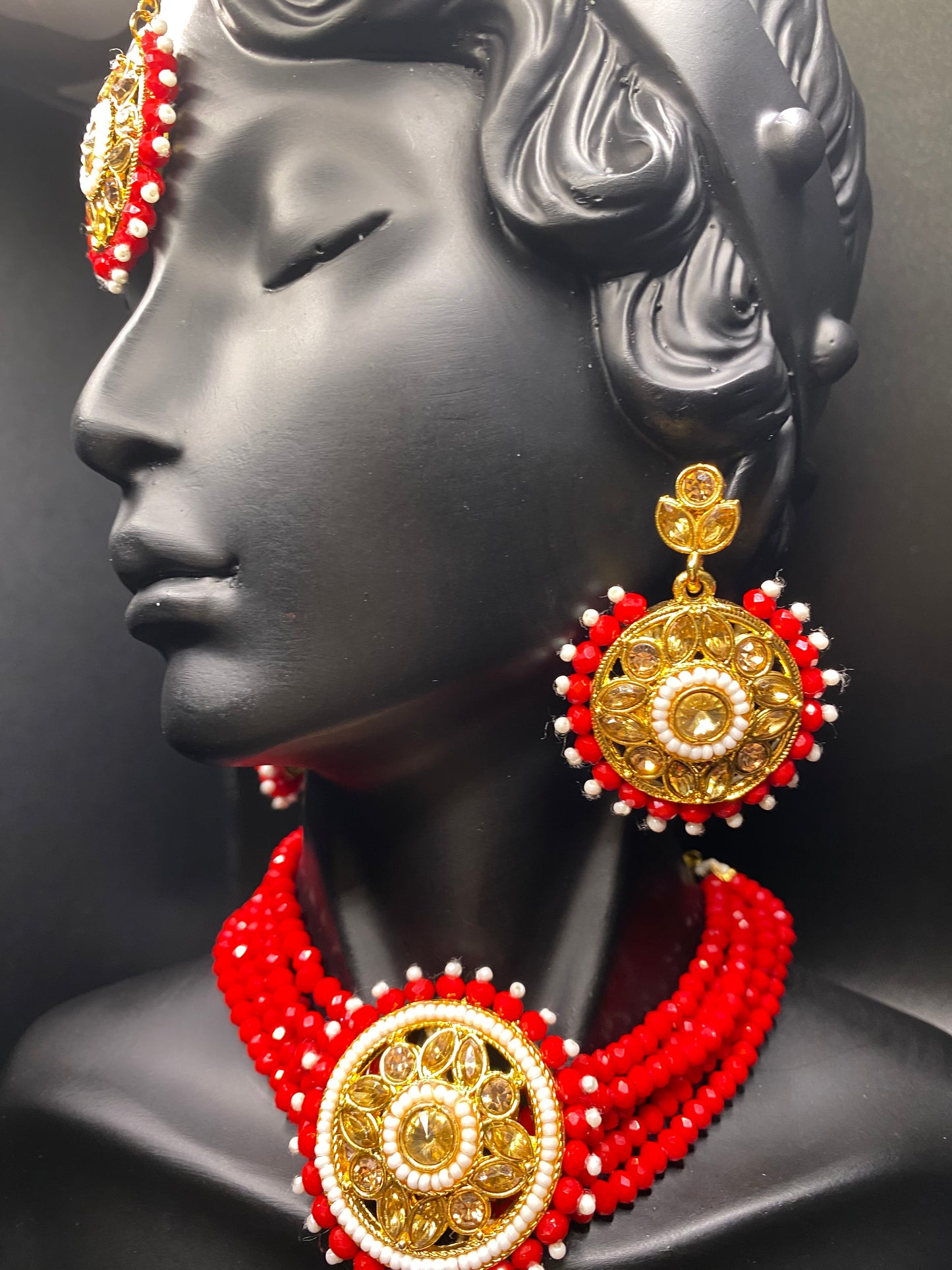 Cherry Red Necklace, Tikka, & Earrings Set