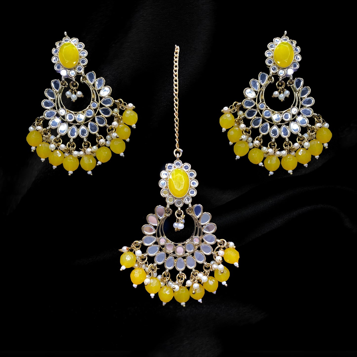 Yellow Flower Hoop Tikka & Earrings Set