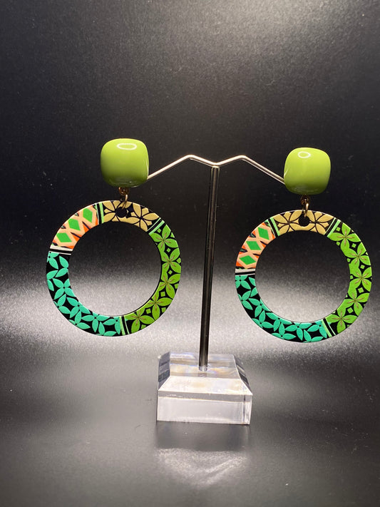 Green Geometric Hoop Dangles