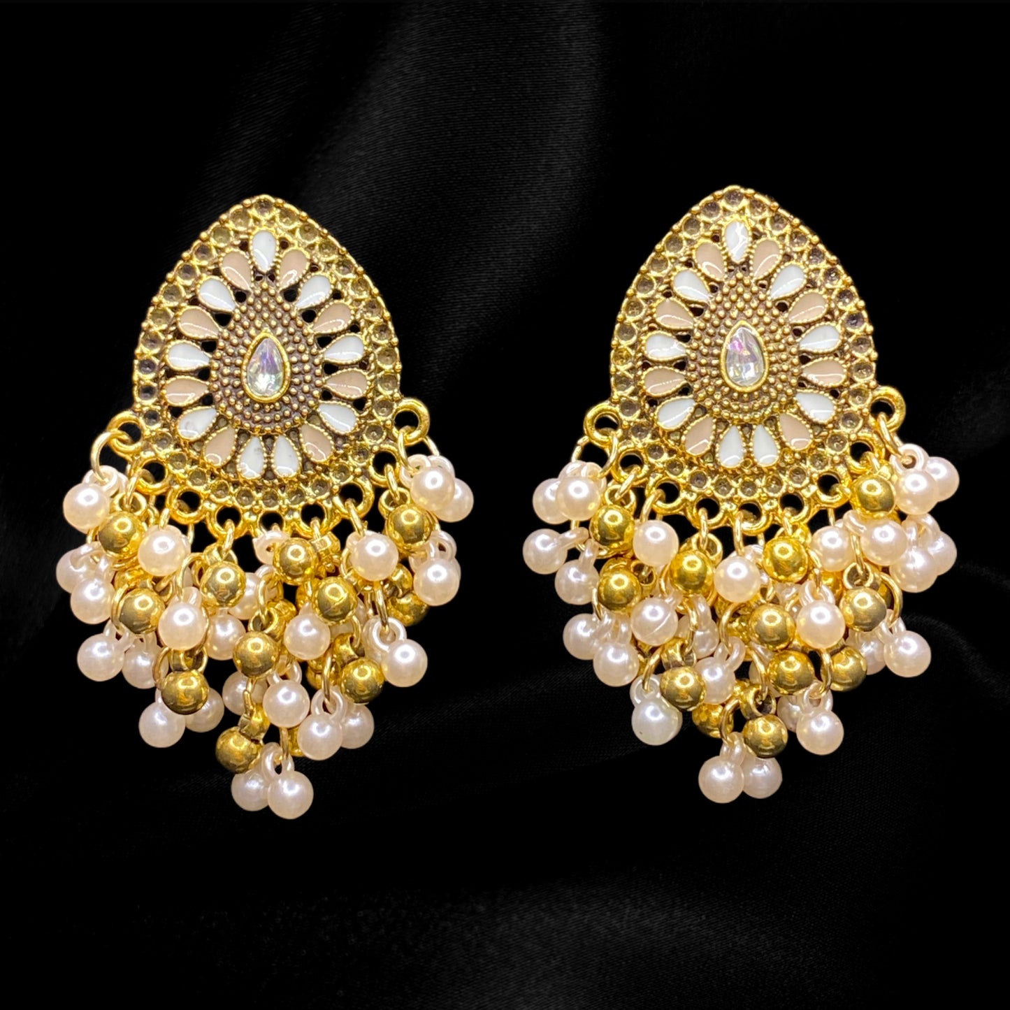 Gold & White Raindrop Pearl Dangles