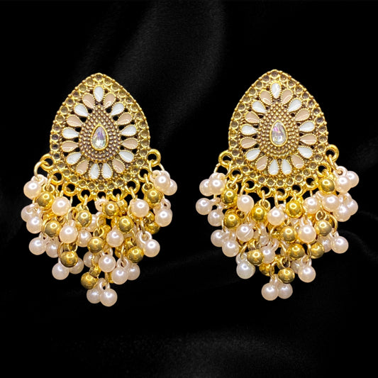 Gold & White Raindrop Pearl Dangles