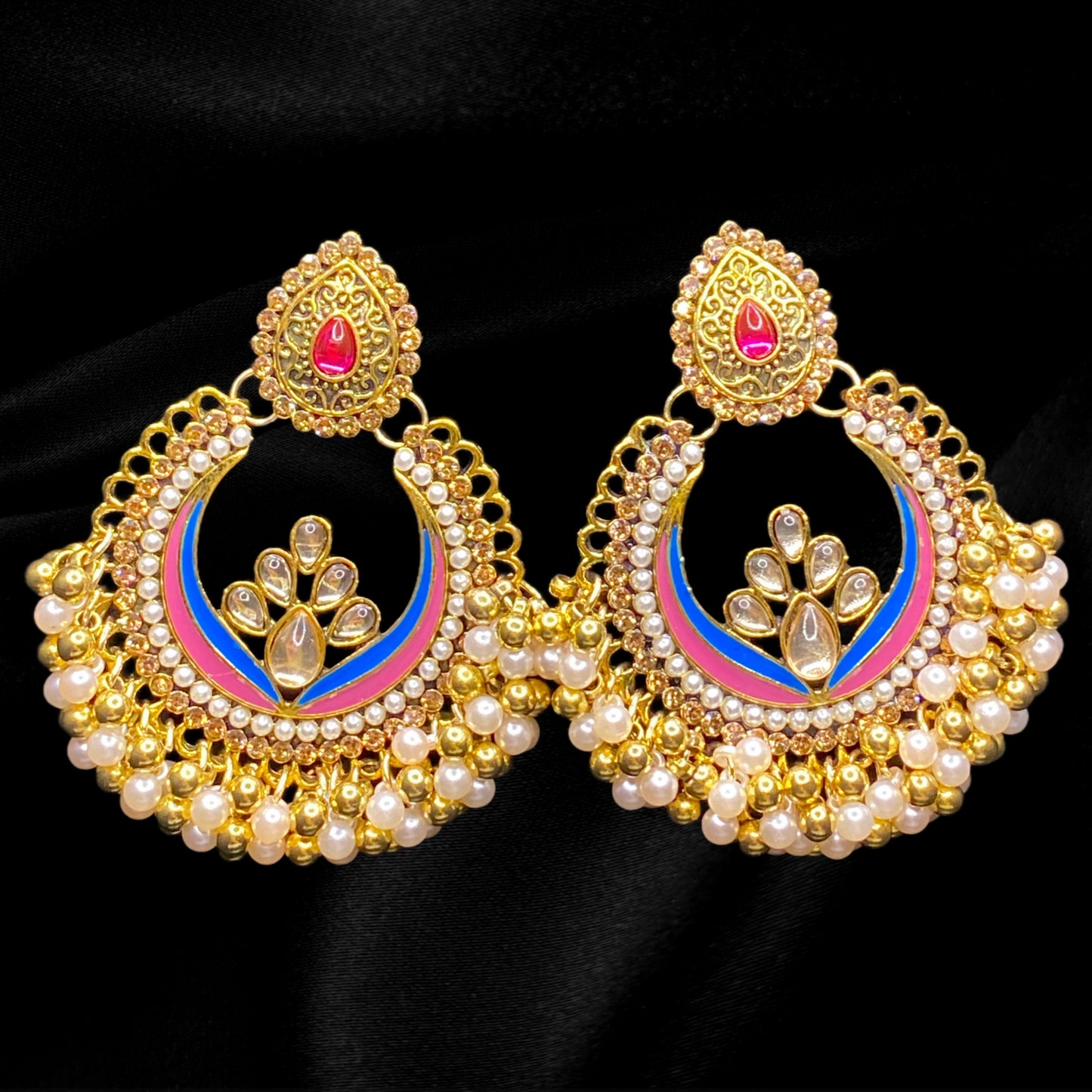 Golden Pink and Blue Hoop Pearl Dangles