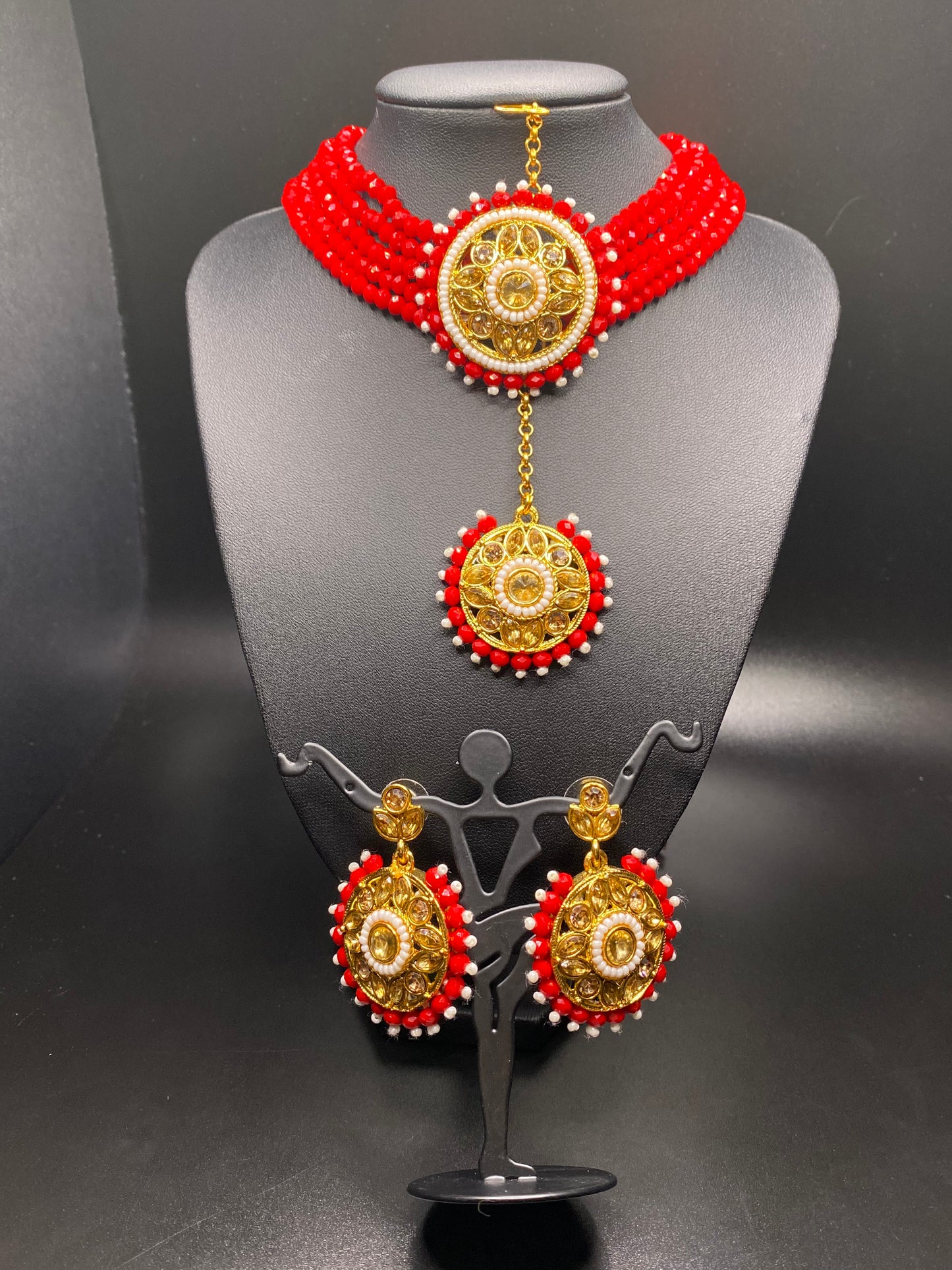 Cherry Red Necklace, Tikka, & Earrings Set