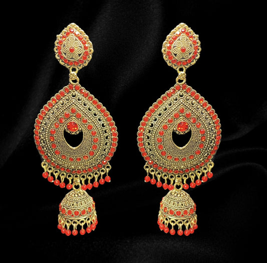 Gold and Red Raindrop Jhumkas