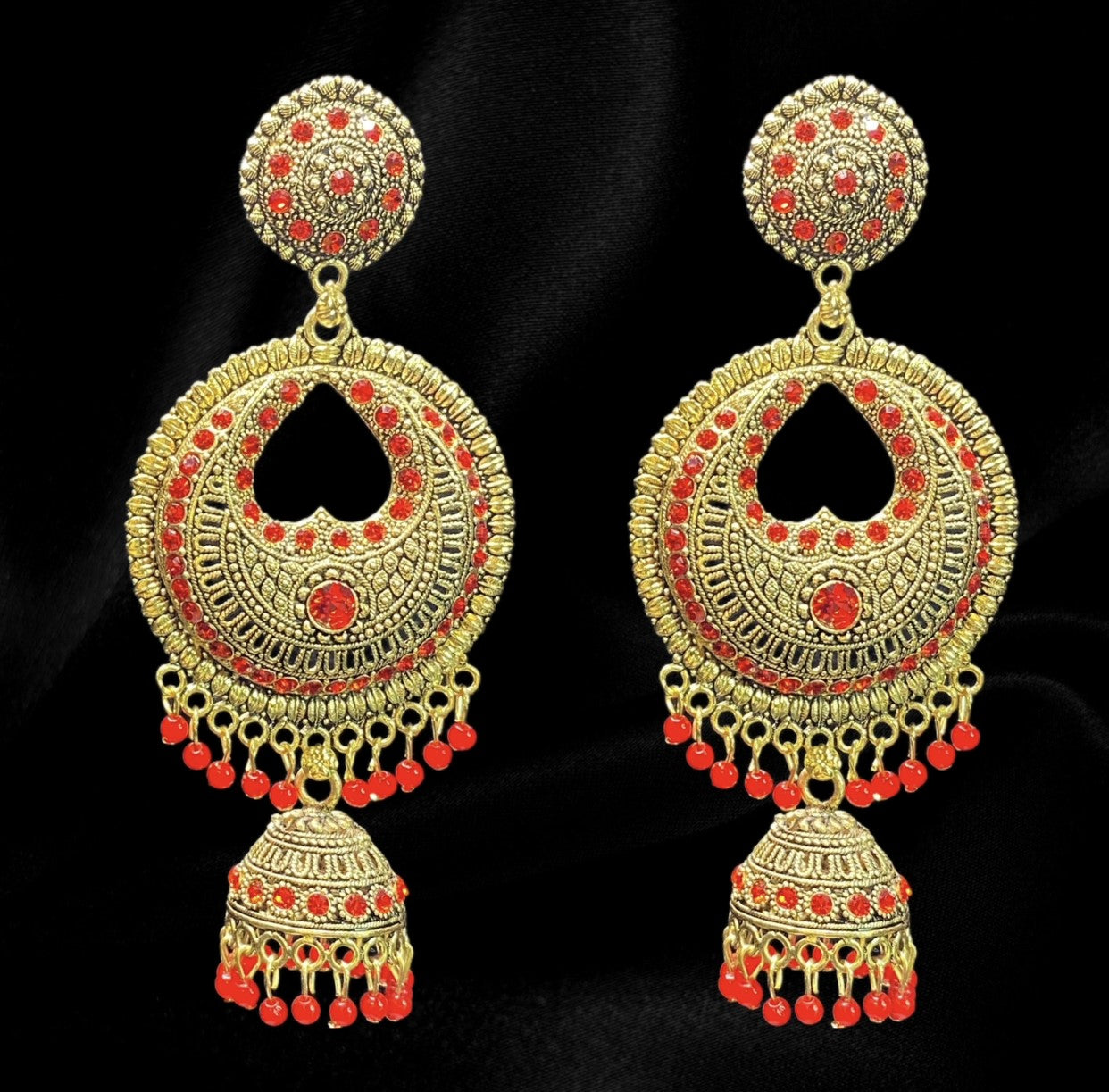 Gold and Red Heart Jhumkas